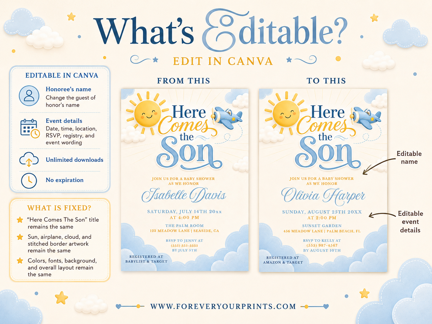 Editable here comes the son baby shower invitation Canva template with smiling sun, blue toy airplane, fluffy clouds, and bold navy and sky blue typography on a soft cream background, shown as a flat lay mockup