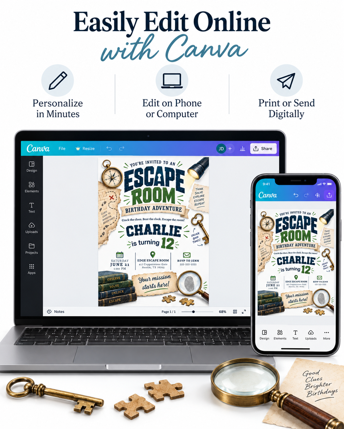 Escape room birthday invitation with vintage keys, compass, flashlight, treasure map clues, fingerprint magnifier, books, and puzzle pieces for a tween party