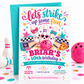 Bowling birthday invitation for a girl’s 10th birthday with smiling bowling pins, pink and teal bows, heart sunglasses, a pink bowling ball, arcade machine, and pizza