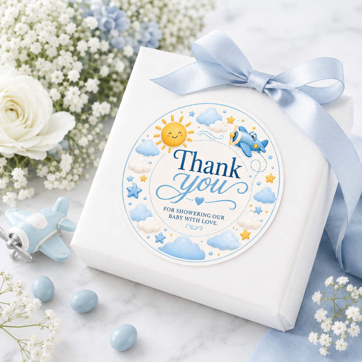 Editable here comes the son baby shower round thank you sticker Canva template with smiling sun, blue toy airplane, fluffy clouds, and gold and blue star accents on a cream background