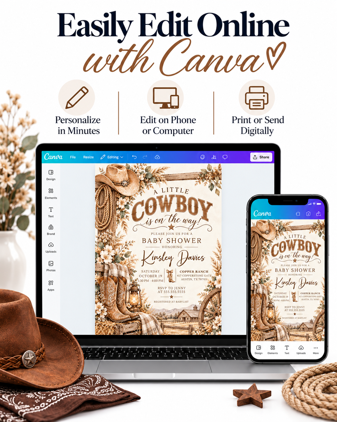 Cowboy baby shower invitation with western boots, cowboy hat, rope, lantern, rustic barn, wagon wheel, and neutral florals in brown tones