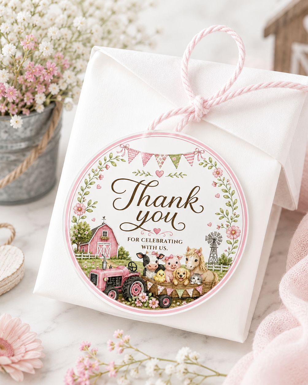 Round barnyard birthday thank-you sticker featuring a pink tractor, barn, cow, pig, pony, chick, puppy, kitten, flowers and pastel bunting.