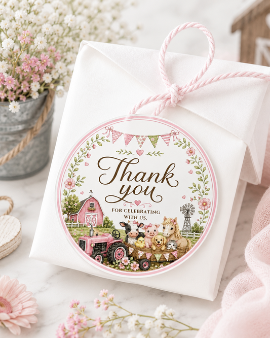 Round barnyard birthday thank-you sticker featuring a pink tractor, barn, cow, pig, pony, chick, puppy, kitten, flowers and pastel bunting.