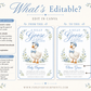 Editable silly goose boy baby shower invitation Canva template with illustrated gosling in blue newsboy cap and gingham bow tie, blue wildflowers, botanical sprigs, and blue border on a white background
