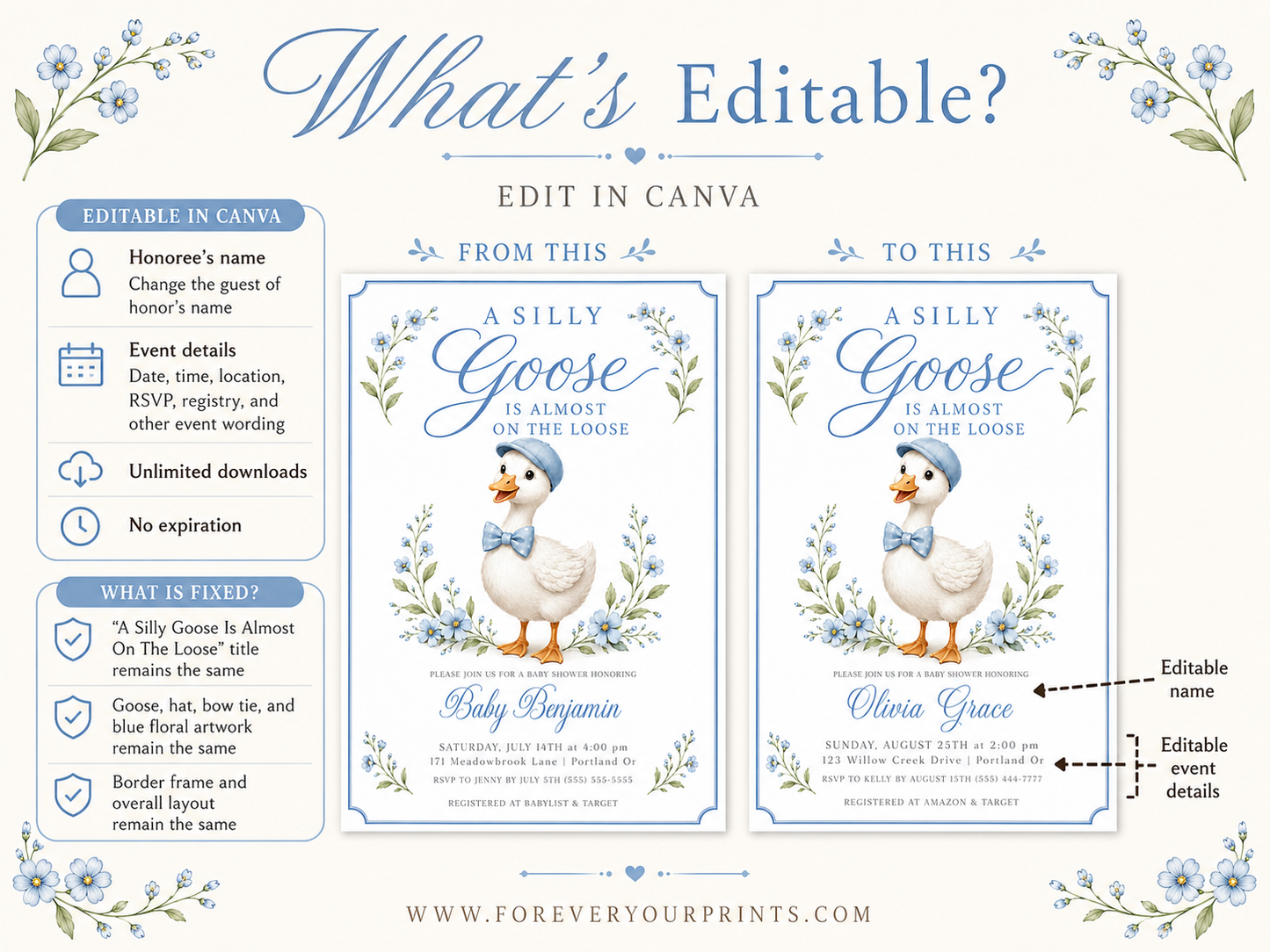 Editable silly goose boy baby shower invitation Canva template with illustrated gosling in blue newsboy cap and gingham bow tie, blue wildflowers, botanical sprigs, and blue border on a white background