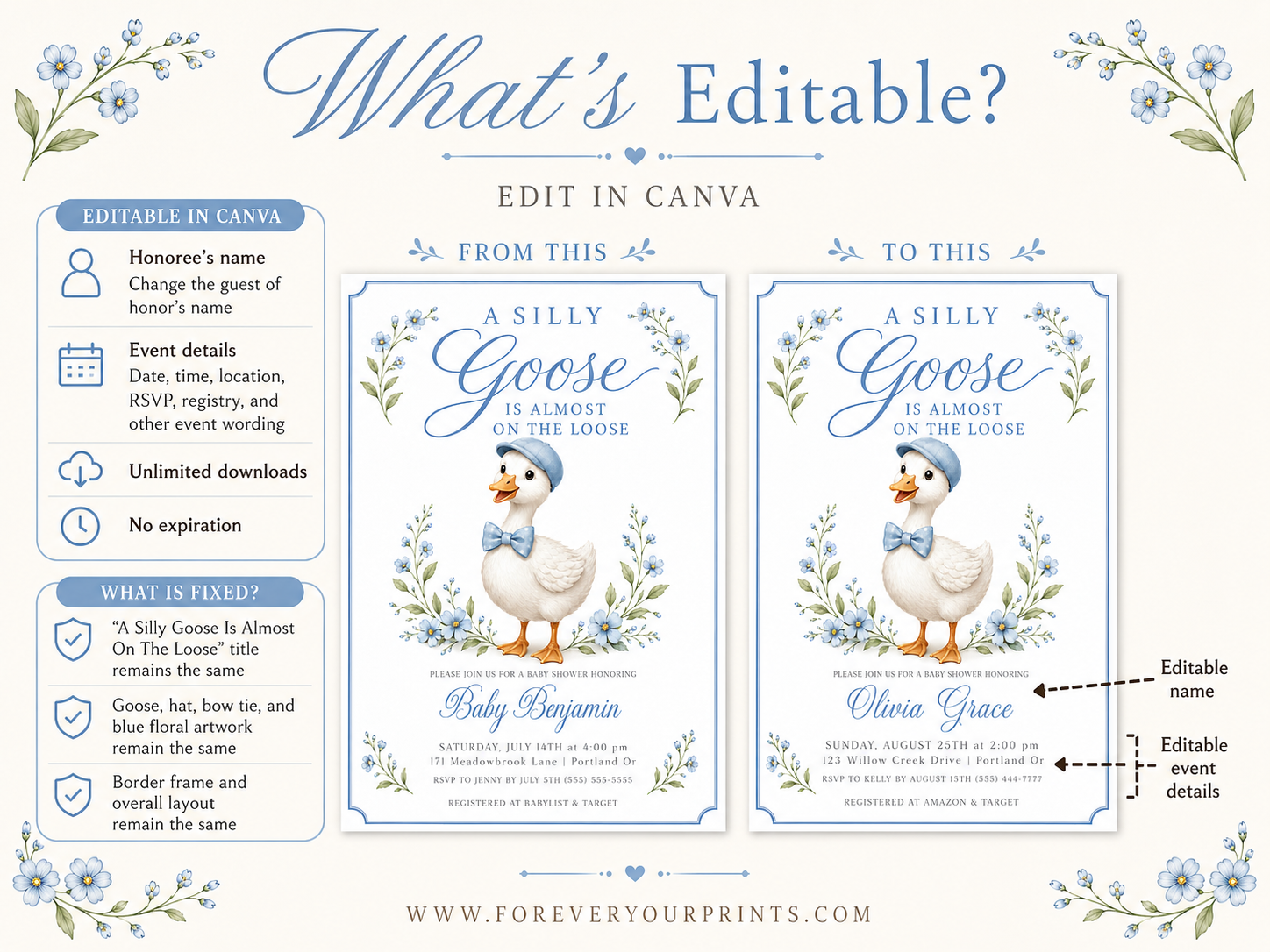 Editable silly goose boy baby shower invitation Canva template with illustrated gosling in blue newsboy cap and gingham bow tie, blue wildflowers, botanical sprigs, and blue border on a white background