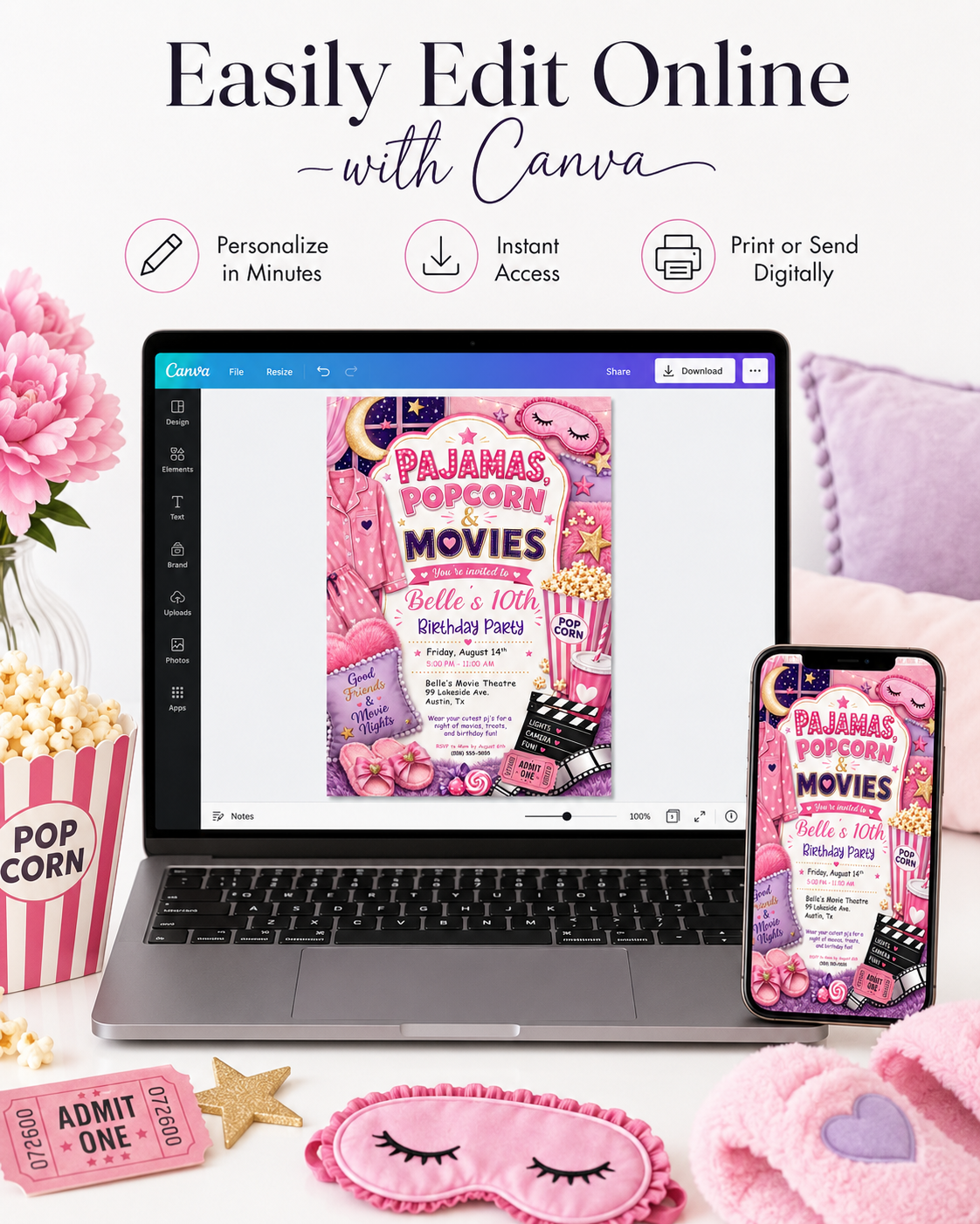 Pajama party movie night birthday invitation featuring pink pajamas, popcorn, slippers, sleep mask, movie ticket, clapperboard and cozy sleepover details.
