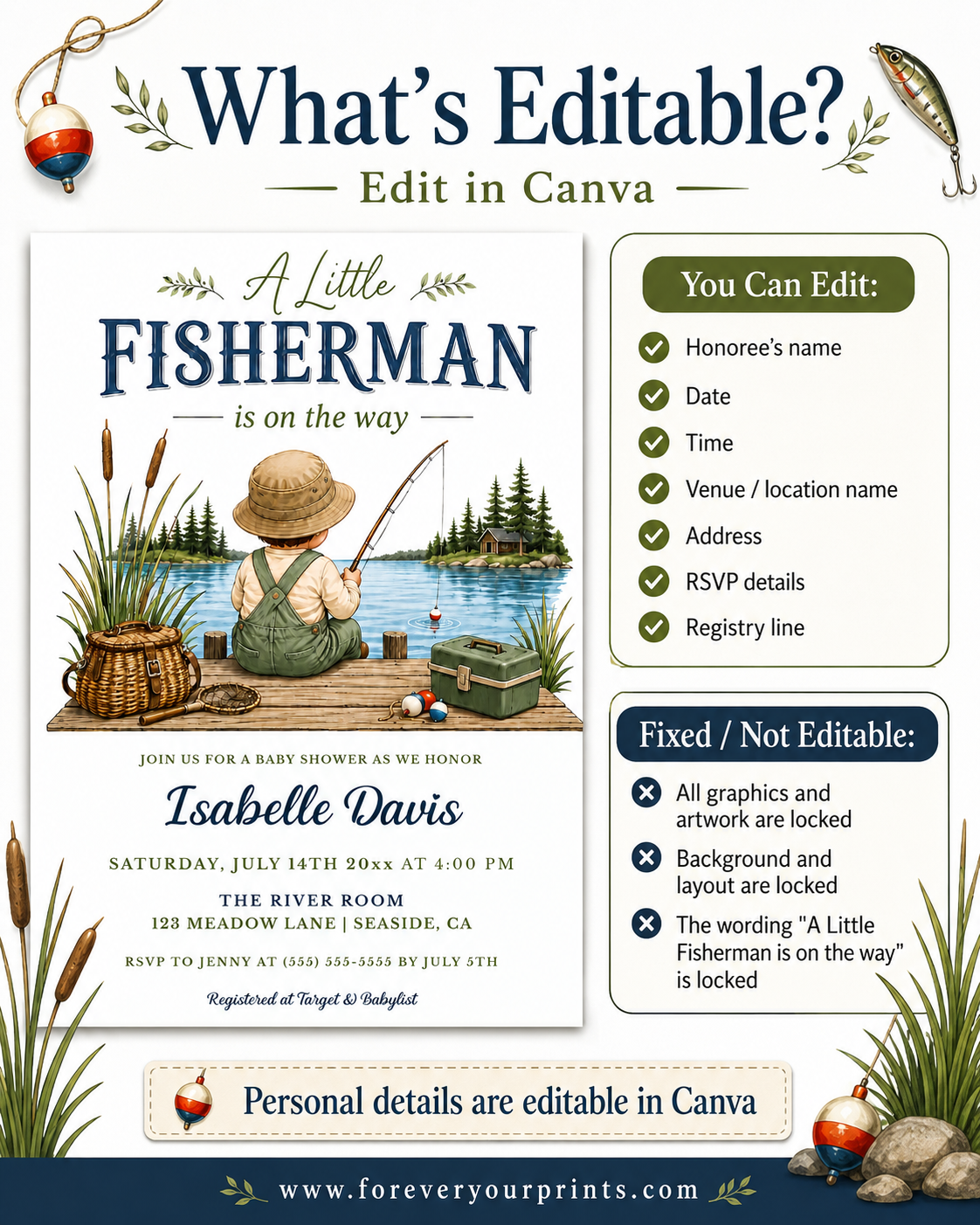 Gone fishing baby shower invitation with a little boy fishing on a dock by a lake in navy and green