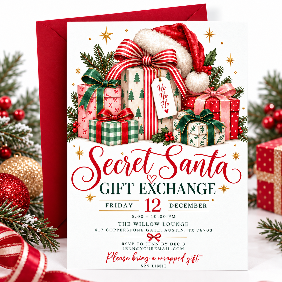 Secret Santa gift exchange invitation with red, green, and pink wrapped presents, oversized ribbon bows, a Santa hat, evergreen sprigs, holly berries, and gold stars