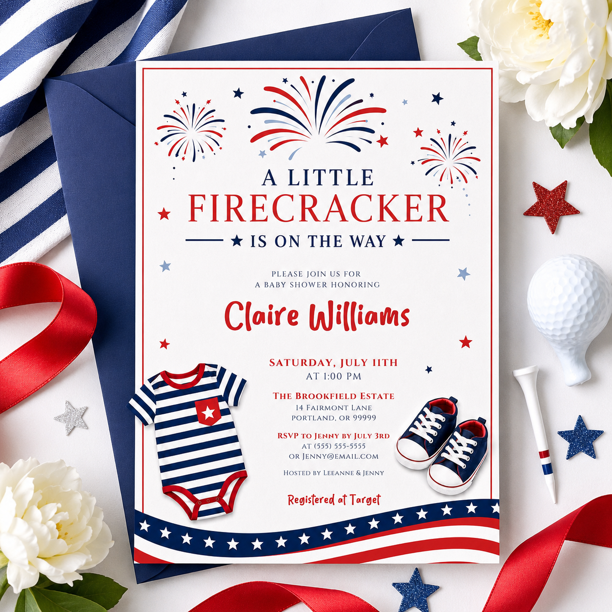 Editable firecracker baby shower invitation Canva template with illustrated fireworks, striped navy onesie, red and navy sneakers, stars and stripes banner, and bold patriotic typography on a white background