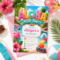 Aloha pool party birthday invitation featuring a tropical swimming pool, pink flamingo float, hibiscus flowers, beach ball, sunglasses and fruit drink.
