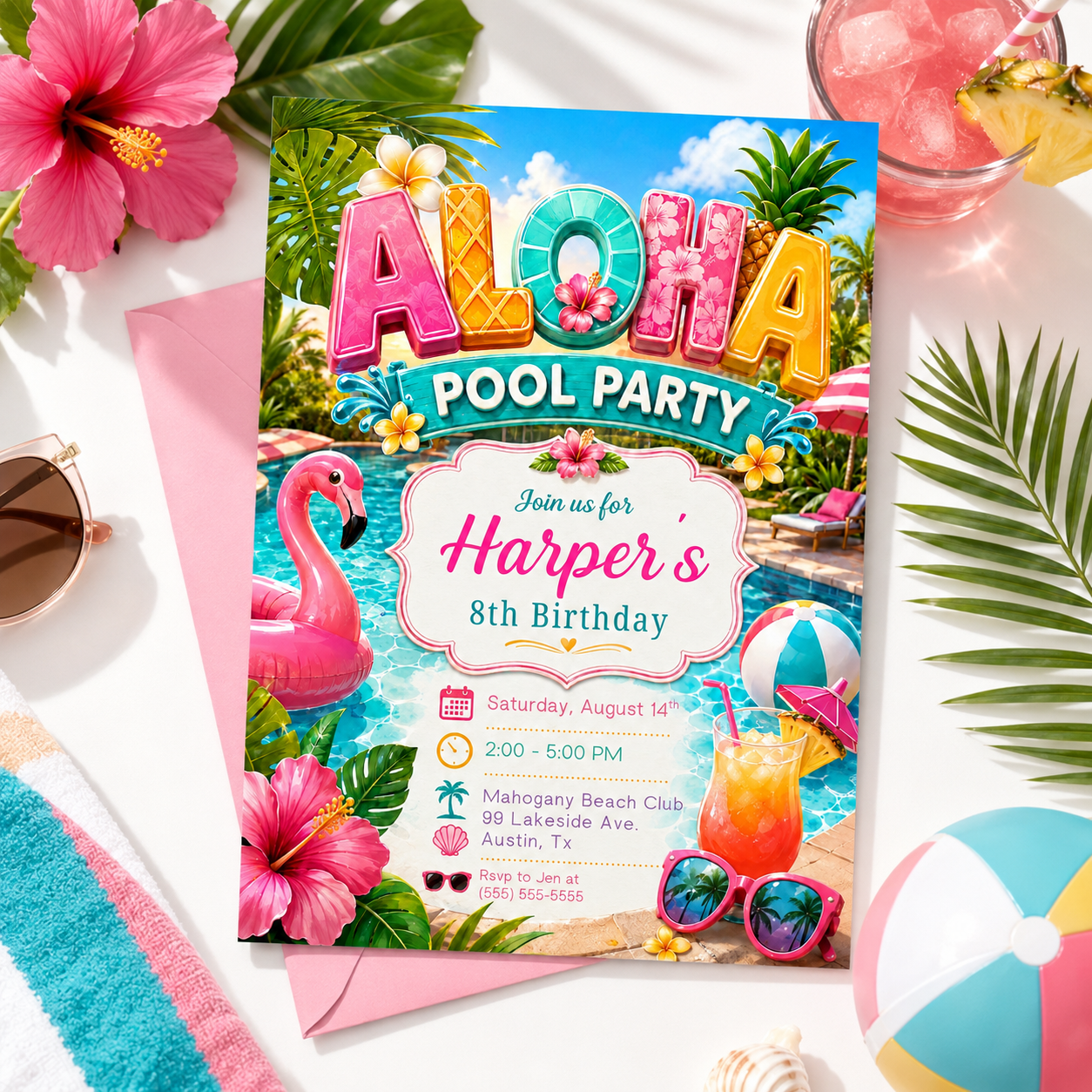 Aloha pool party birthday invitation featuring a tropical swimming pool, pink flamingo float, hibiscus flowers, beach ball, sunglasses and fruit drink.
