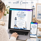 Little sailor nautical baby shower invitation with a lighthouse, sailboat, and ocean waves in navy and light blue