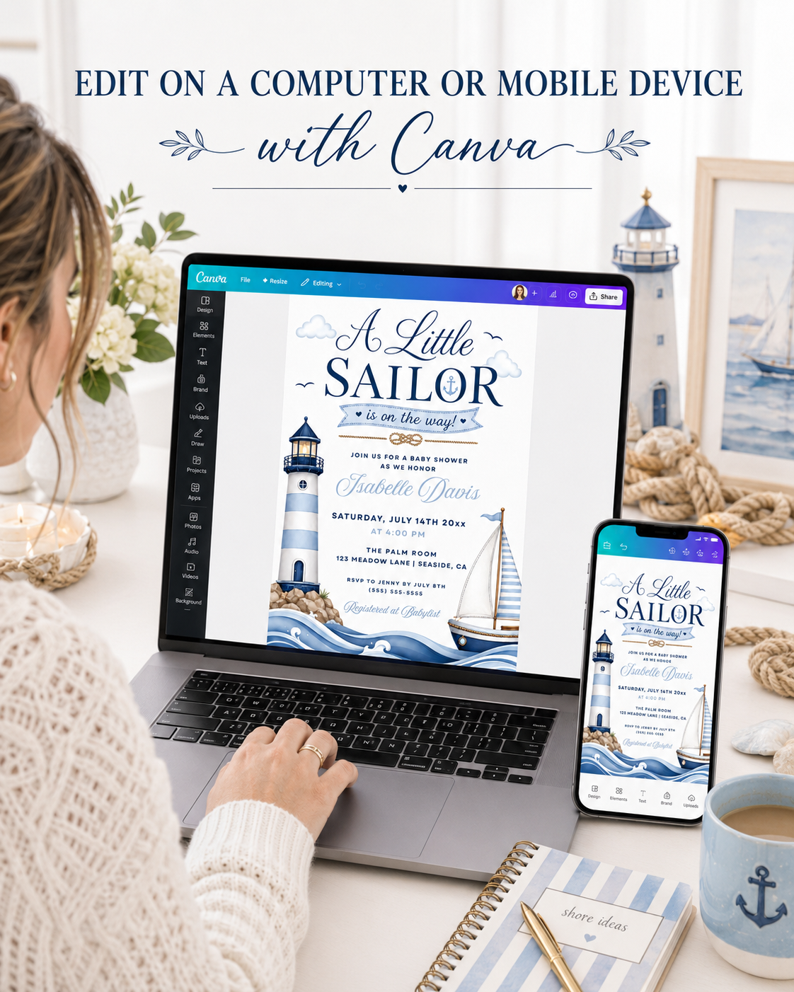 Little sailor nautical baby shower invitation with a lighthouse, sailboat, and ocean waves in navy and light blue