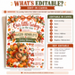 Fall baby shower invitation with Our Little Turkey Is on the Way wording, a cute turkey, pumpkins, orange gingham bow, and autumn leaves