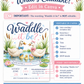 Waddle it be gender reveal invitation with watercolor ducks, baby ducklings, pink and blue bows, pond water, cattails, lily pads, hearts, and pastel details