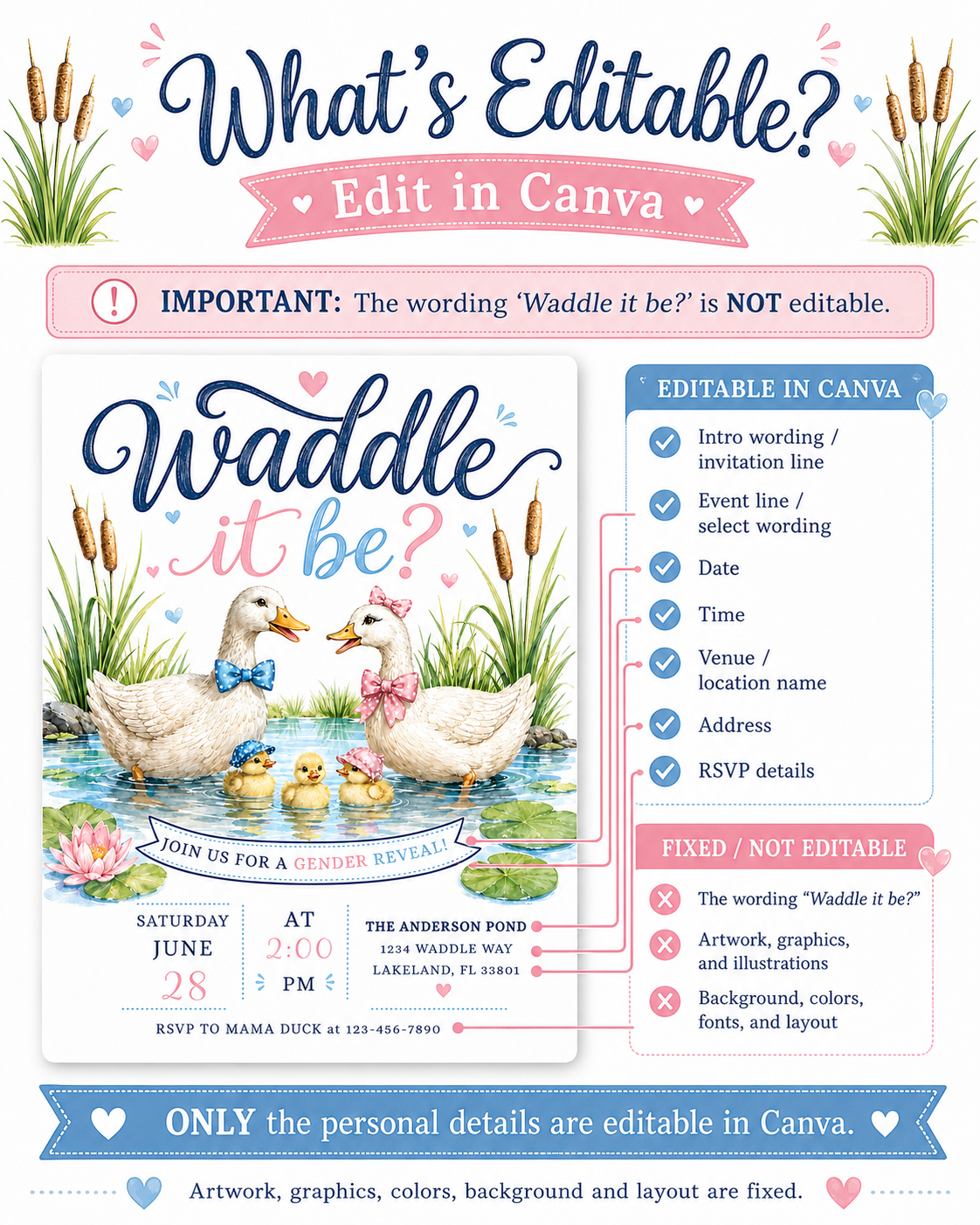 Waddle it be gender reveal invitation with watercolor ducks, baby ducklings, pink and blue bows, pond water, cattails, lily pads, hearts, and pastel details
