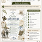 Grand adventure baby shower invitation with safari elephant, binoculars, compass, expedition tags, postage stamp, globe, mountains, greenery, and vintage explorer details