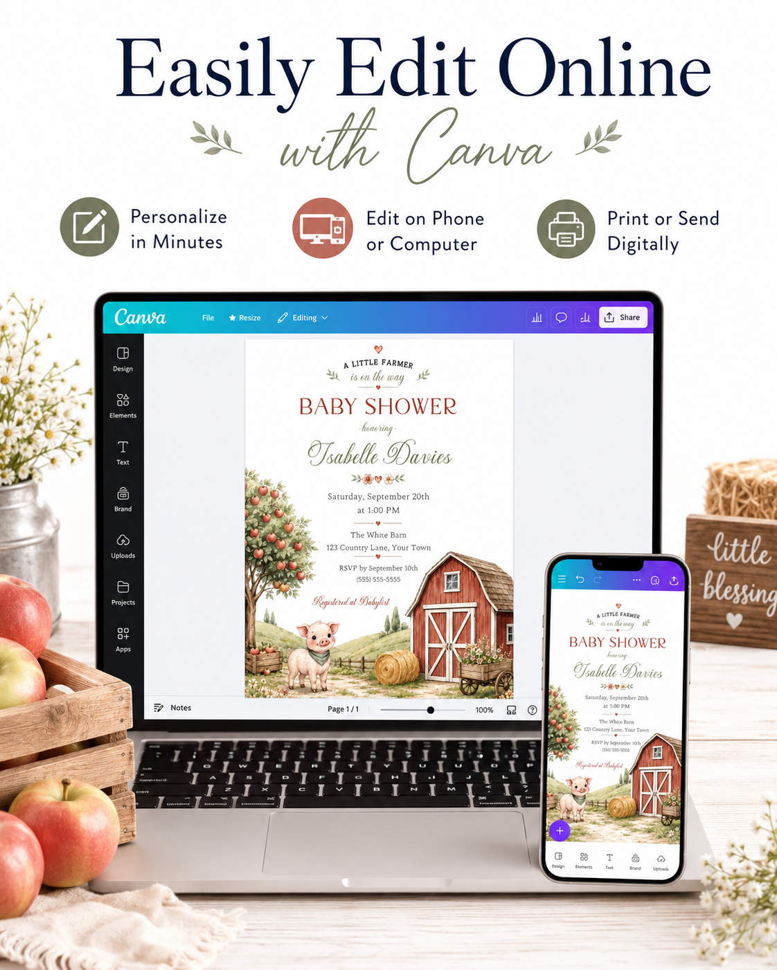 Little farm baby shower invitation with red barn, apple tree, piglet, hay bale, flower cart, rolling hills, fence, wildflowers, and soft farmhouse details