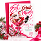 Christmas cocktail party invitation with Santa wearing sunglasses in a giant pink martini glass, disco ball ornaments, pink bows, and Eat Drink and Be Merry lettering