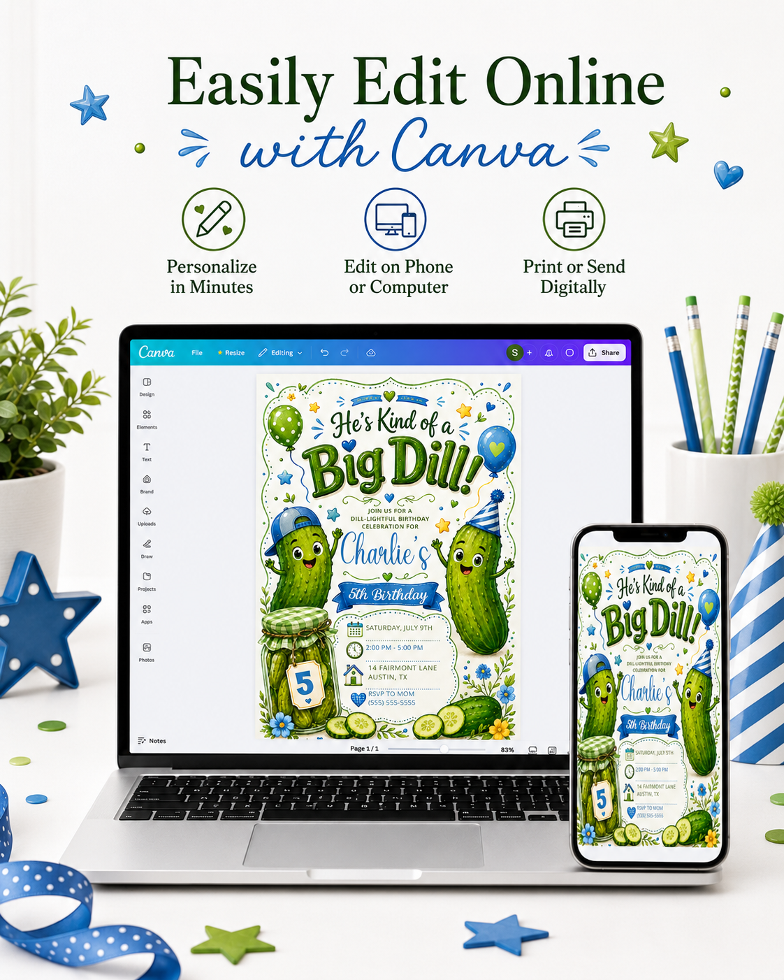 Boys Big Dill birthday invitation featuring cute pickle characters, pickle jar, balloons, party hat, blue and green details and sliced pickles.
