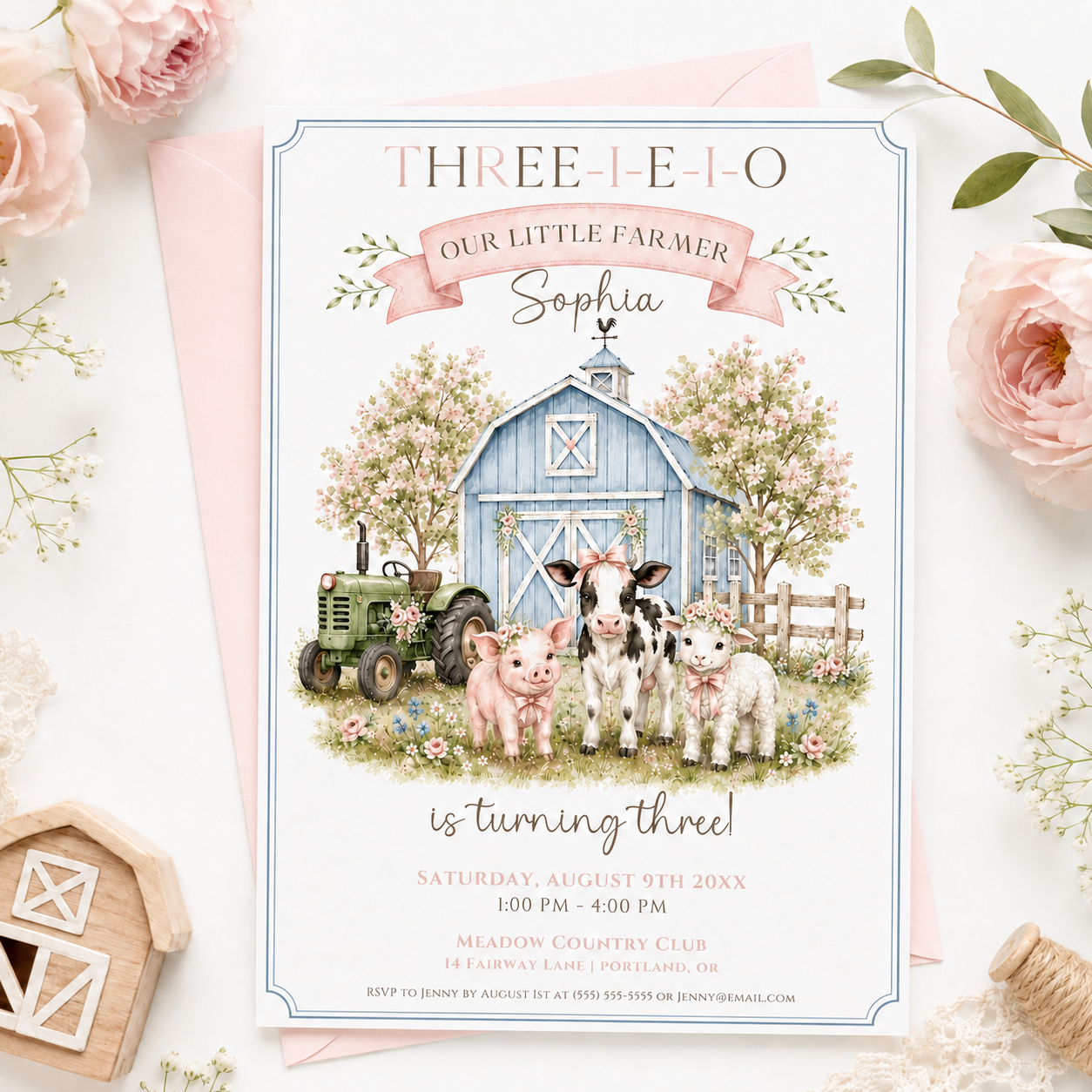 Our little farmer girl birthday invitation with a blue barn, green tractor, calf, piglet, and lamb in pink bows in soft pink and blue