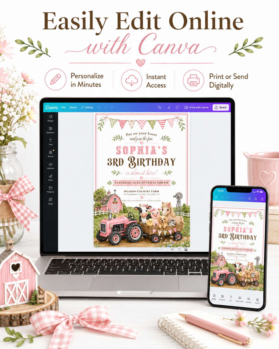 Girls farm birthday invitation featuring a pink tractor, pink barn, wagon, cow, pig, pony, chick and floral bunting.