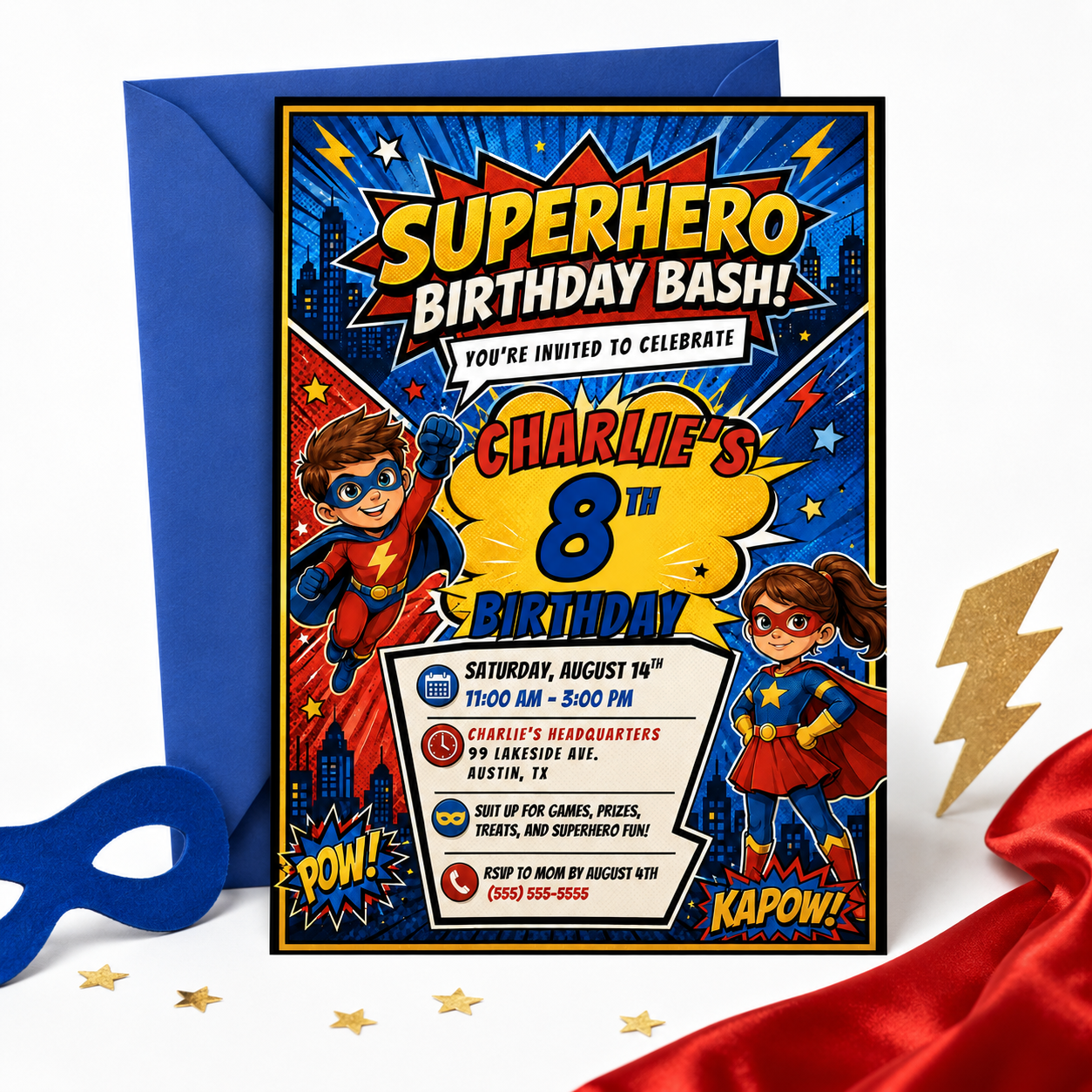 Superhero birthday invitation featuring comic book style boy and girl heroes, city skyline, POW and KAPOW graphics, stars and lightning bolts.
