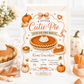 Cutie pie baby shower invitation with pumpkin pie, pumpkins, gingham bows, autumn leaves, mini pies, and cozy fall baby shower details