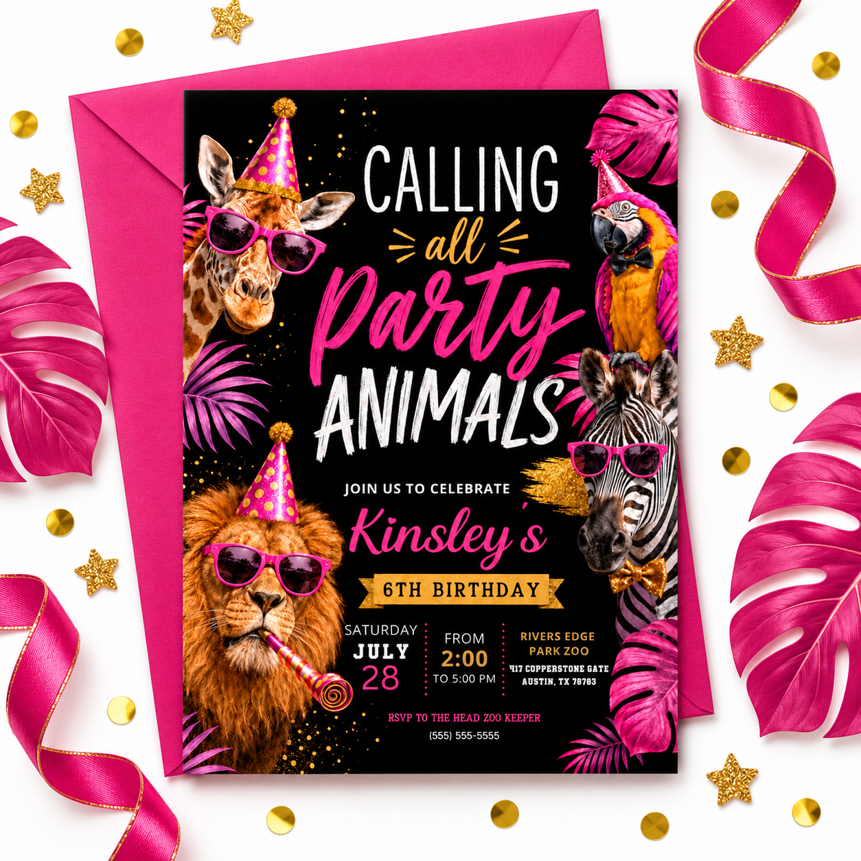 Party Animals birthday invitation with giraffe, zebra, lion, and parrot wearing party hats and pink sunglasses for a girls zoo birthday party