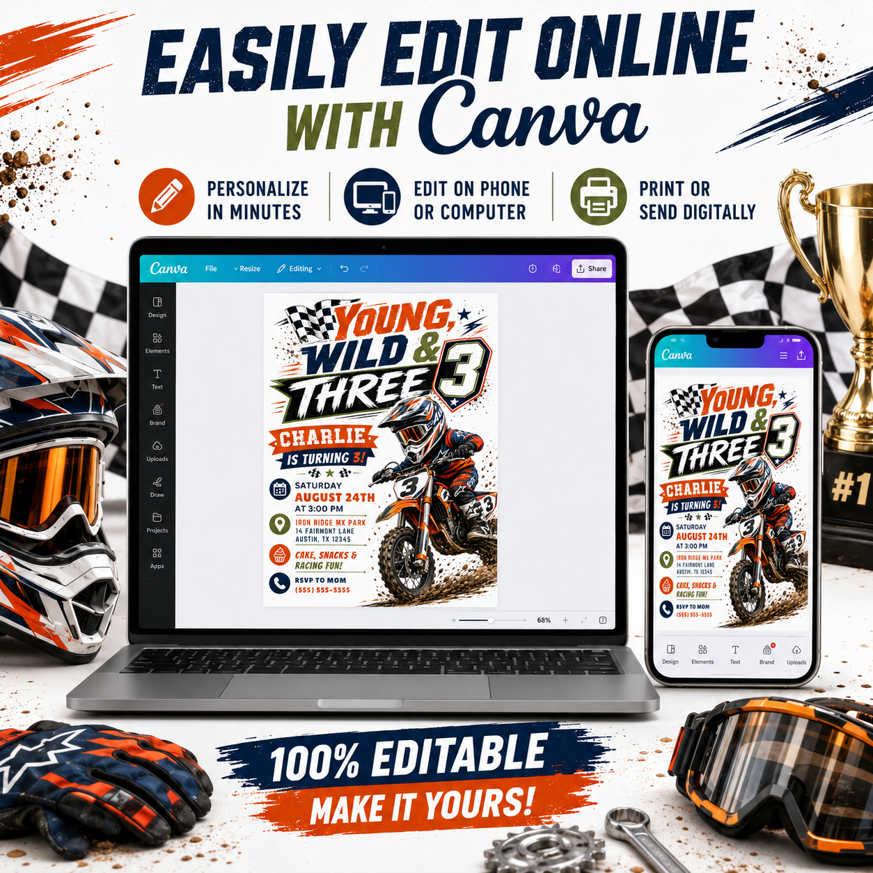 Young wild and three motocross invitation with dirt bike rider, checkered flags, racing helmet, muddy tire splashes, stars, lightning accents, and bold boys 3rd birthday details