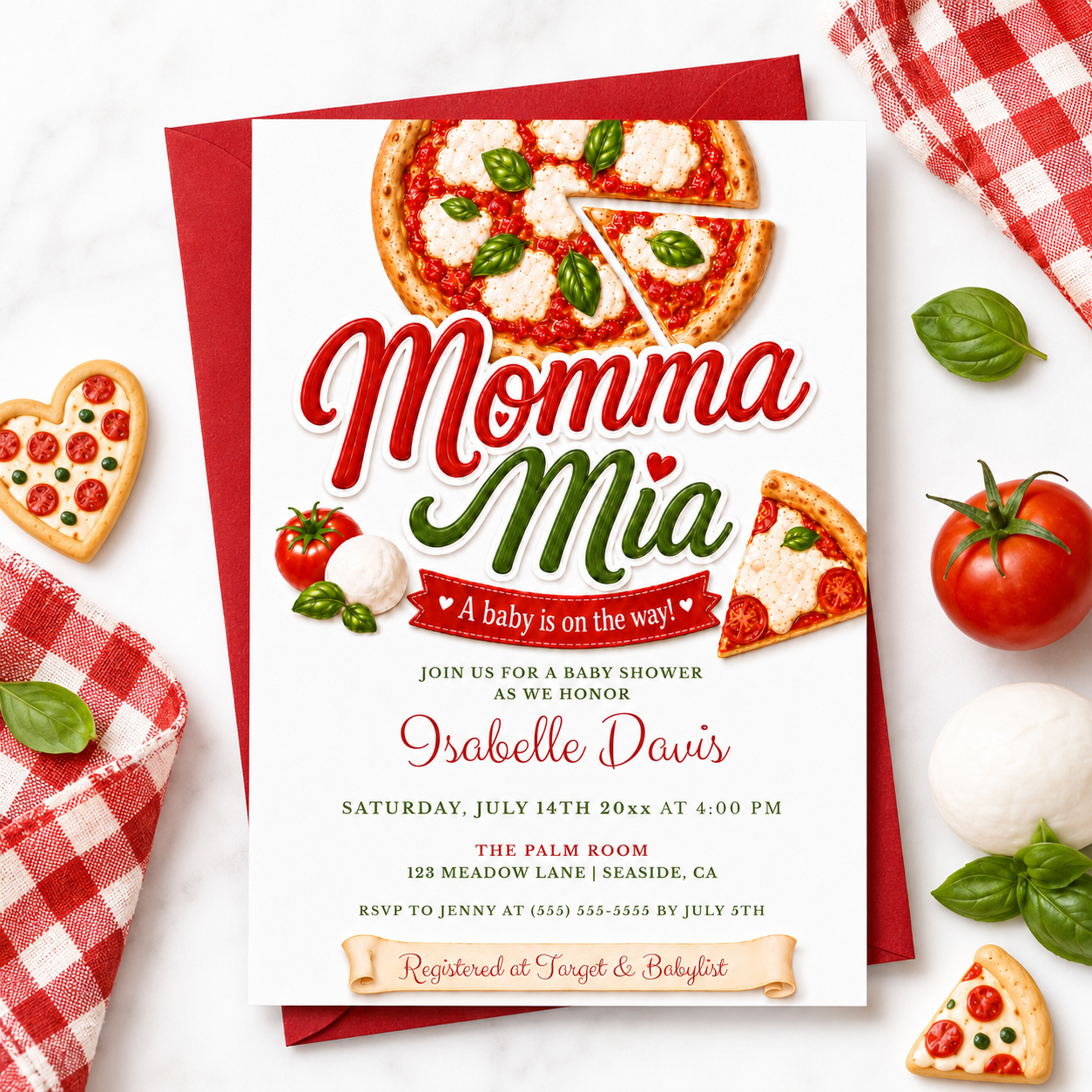 Editable momma mia pizza baby shower invitation Canva template with Italian pizzeria aesthetic, bold red and green script typography, pizza illustration, and red gingham accent on a white background