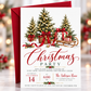 Christmas party invitation with three snow-dusted evergreen trees in wicker baskets, glowing string lights, red bows, gold bells, and a wooden sled carrying wrapped gifts