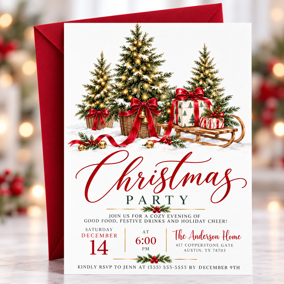 Christmas party invitation with three snow-dusted evergreen trees in wicker baskets, glowing string lights, red bows, gold bells, and a wooden sled carrying wrapped gifts