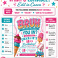 Bruh you in birthday invitation with ice cream cone, cake, baseball, video game controller, waffle letters, sprinkles, and teal pink party details