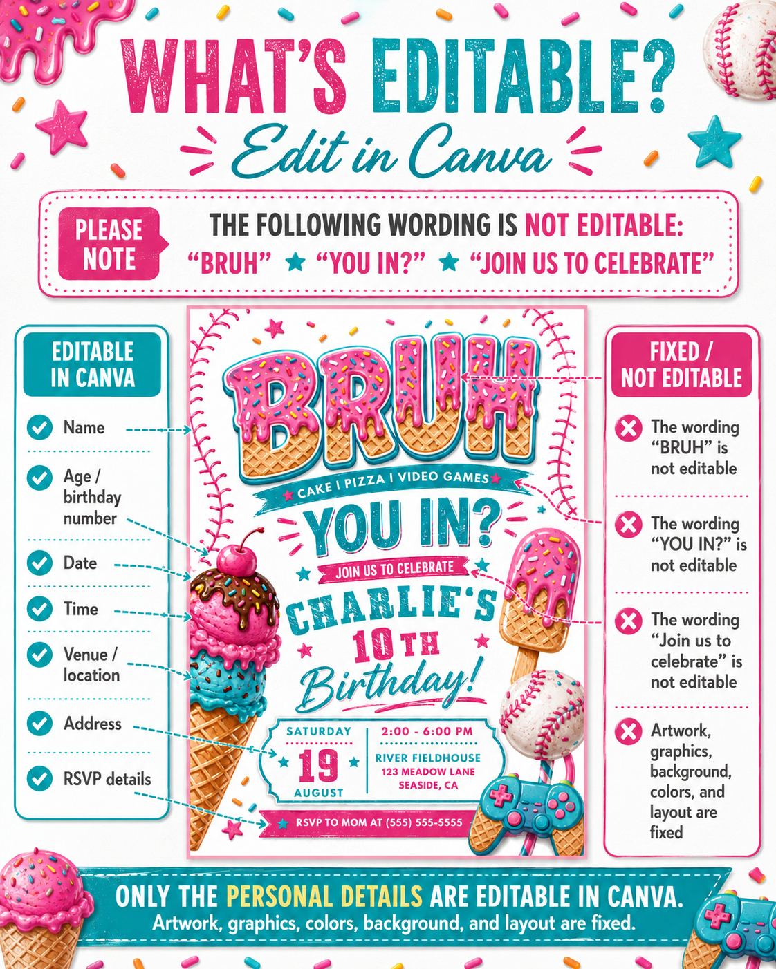 Bruh you in birthday invitation with ice cream cone, cake, baseball, video game controller, waffle letters, sprinkles, and teal pink party details