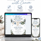Editable Baby It's Cold Outside baby shower invitation template with snowflakes, pine branches, and blue bows