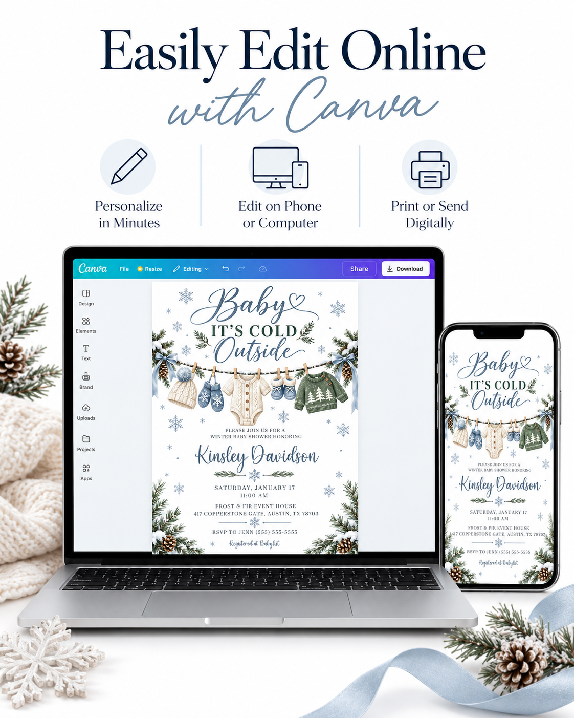 Editable Baby It's Cold Outside baby shower invitation template with snowflakes, pine branches, and blue bows