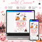 Halloween baby shower invitation with cute ghost, pink bow, smiling pumpkins, bats, pink crescent moon, spiderweb, haunted house, and spooky-cute baby shower details