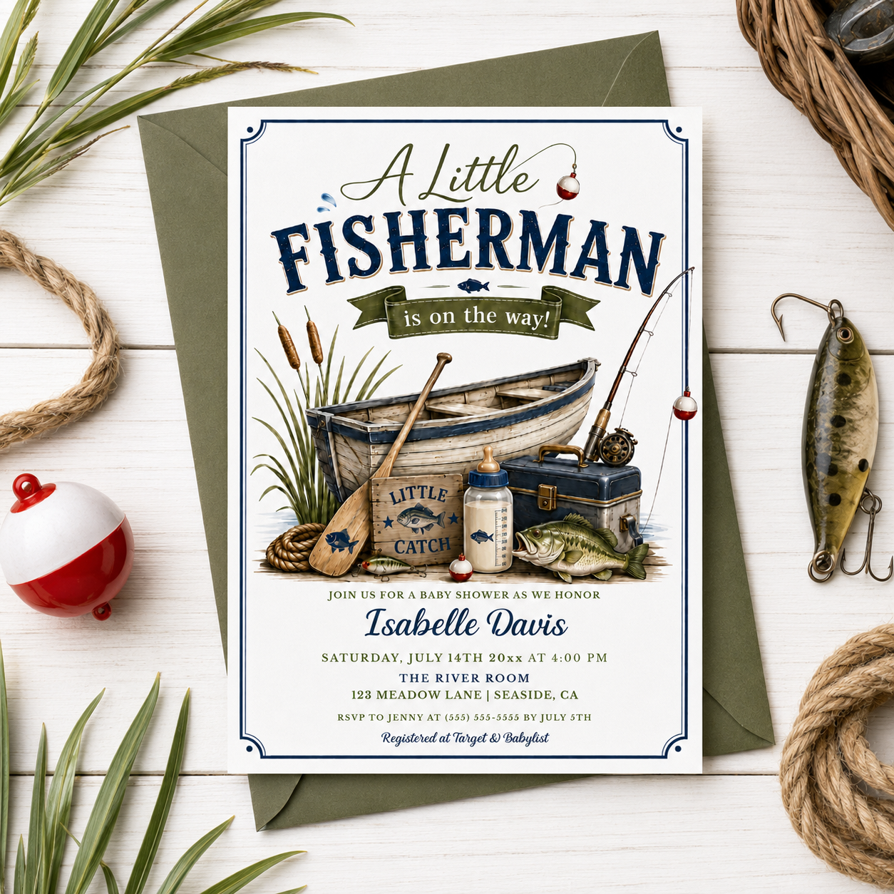 Fishing baby shower invitation with a rowboat, tackle box, and bass fish in navy and green