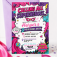Girls superhero birthday invitation featuring a pink comic book design with cape, mask, city skyline, stars, lightning bolts and bold action graphics.
