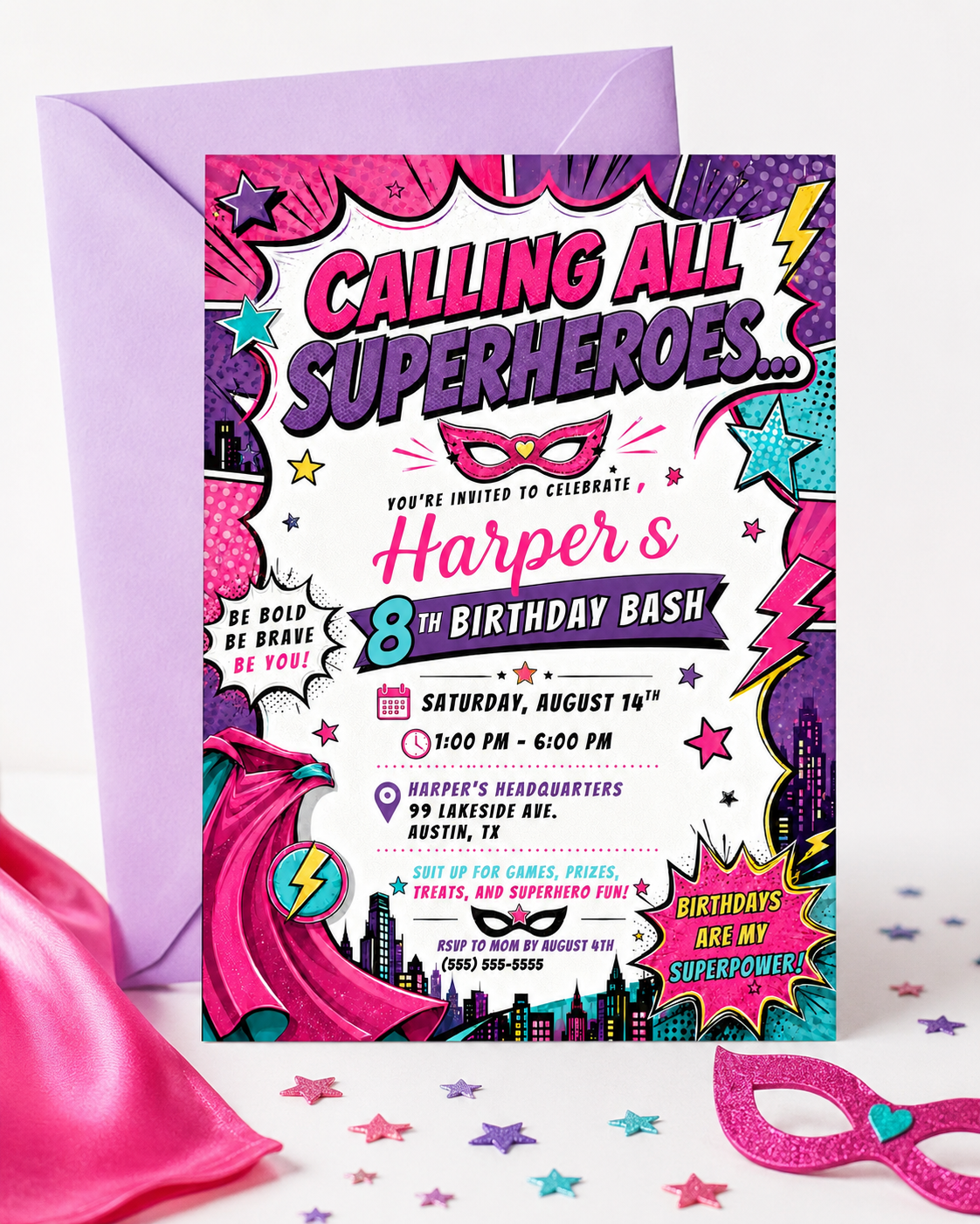 Girls superhero birthday invitation featuring a pink comic book design with cape, mask, city skyline, stars, lightning bolts and bold action graphics.
