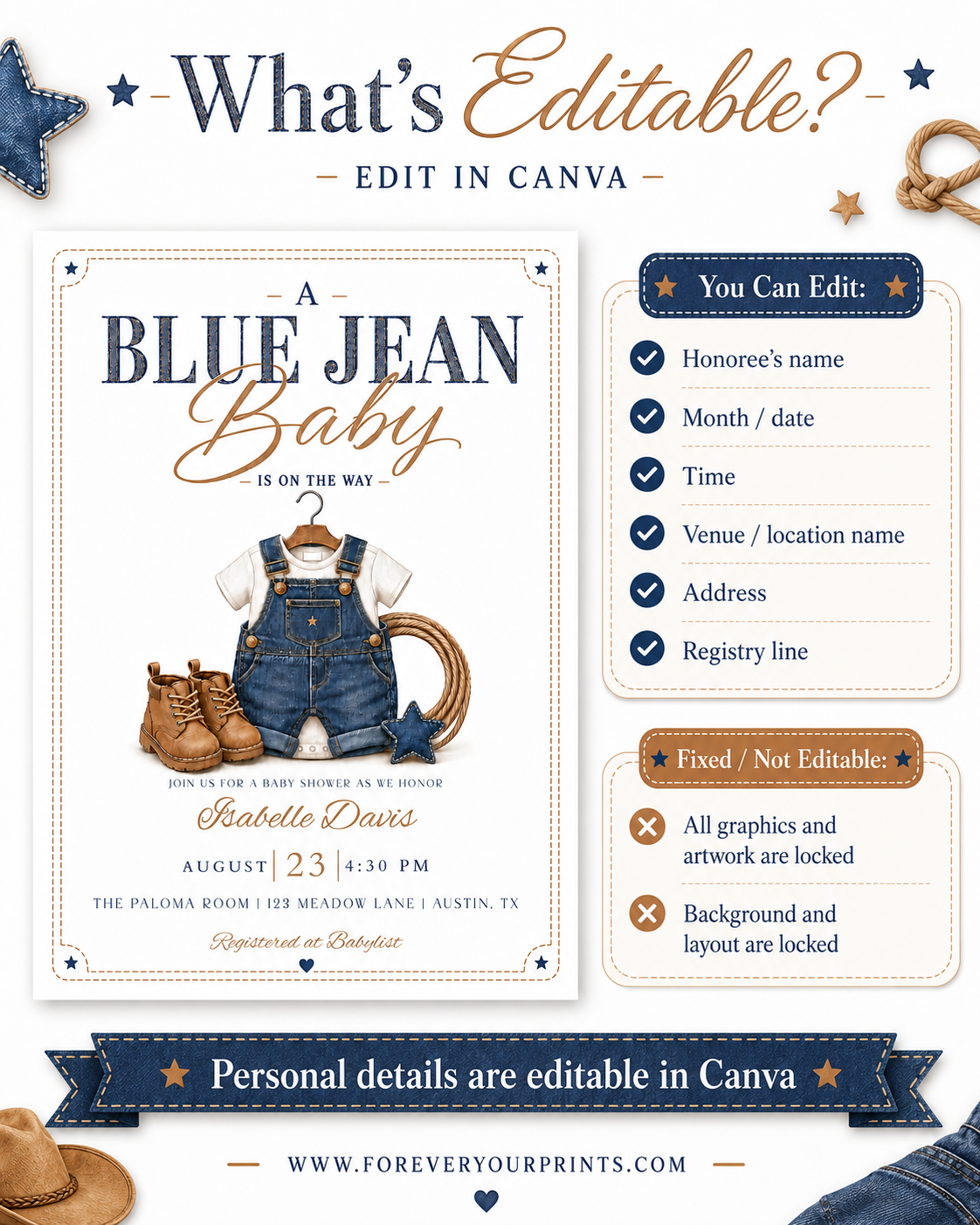 Blue jean baby shower invitation with denim overalls, brown boots, and a lasso in denim blue and caramel