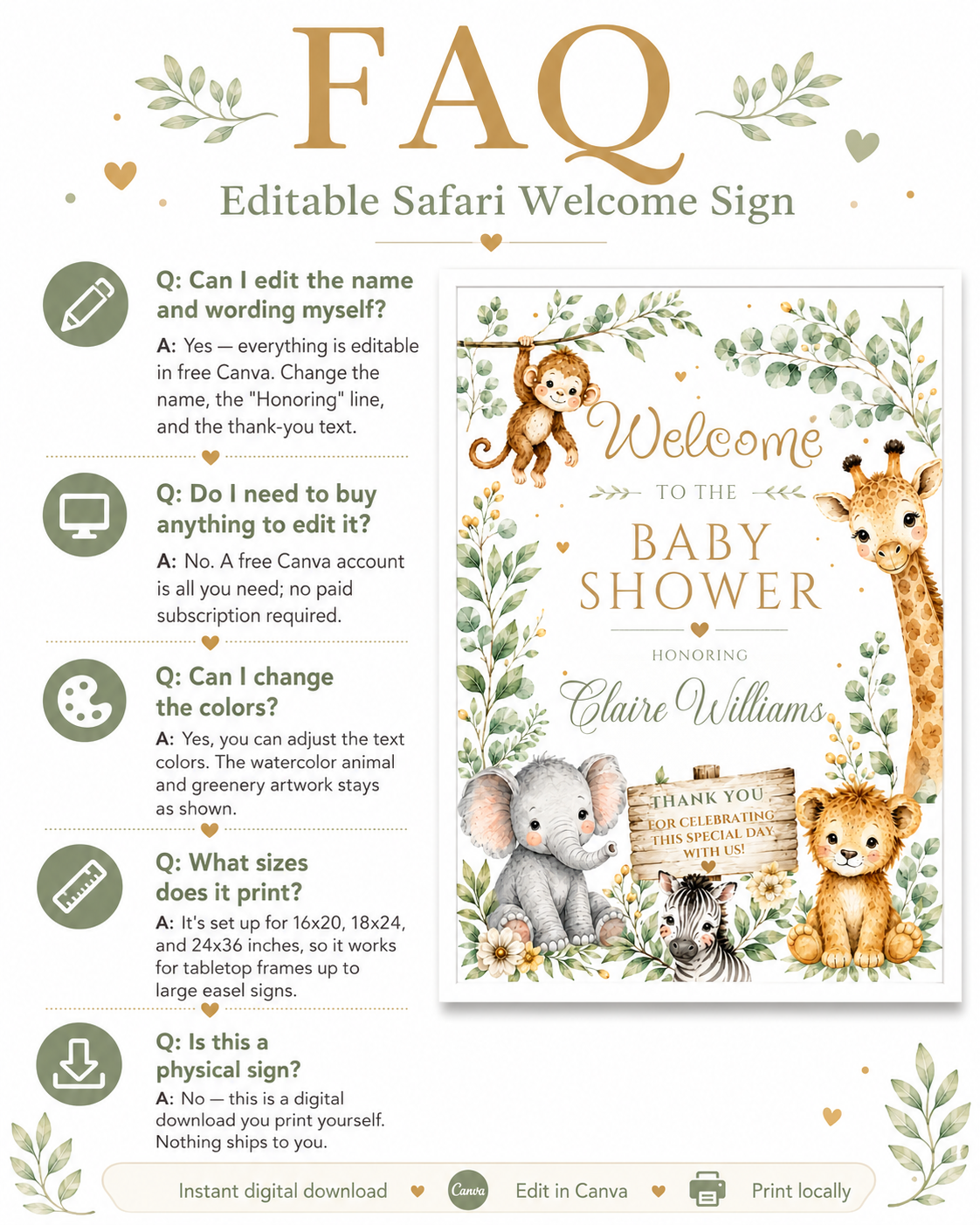 Editable safari baby shower welcome sign Canva template with watercolour monkey, giraffe, elephant, lion cub, and zebra surrounded by eucalyptus and tropical leaves with gold accents on a white background