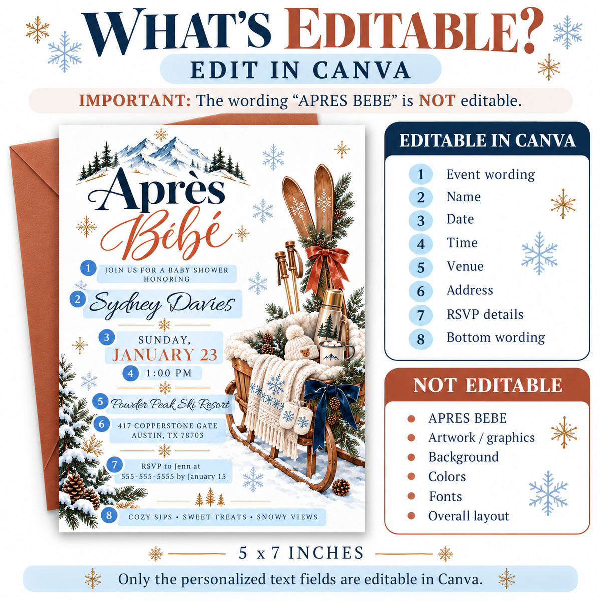 Après Bébé baby shower invitation with wooden skis, a rustic sled, knit baby hat and mittens, hot cocoa, snowy mountains, and evergreen branches