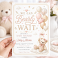 We can bearly wait girl baby shower invitation with a teddy bear and balloons in blush pink, cream, and gold