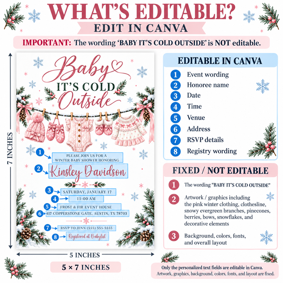 Baby It’s Cold Outside baby shower invitation with pink knit baby clothes, snowflakes, pink bows, pine branches, pinecones, and winter baby girl shower details