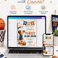 Basketball first birthday invitation featuring a little boy shooting a basketball, hoop, ONE banner, stars and navy and orange sports details.
