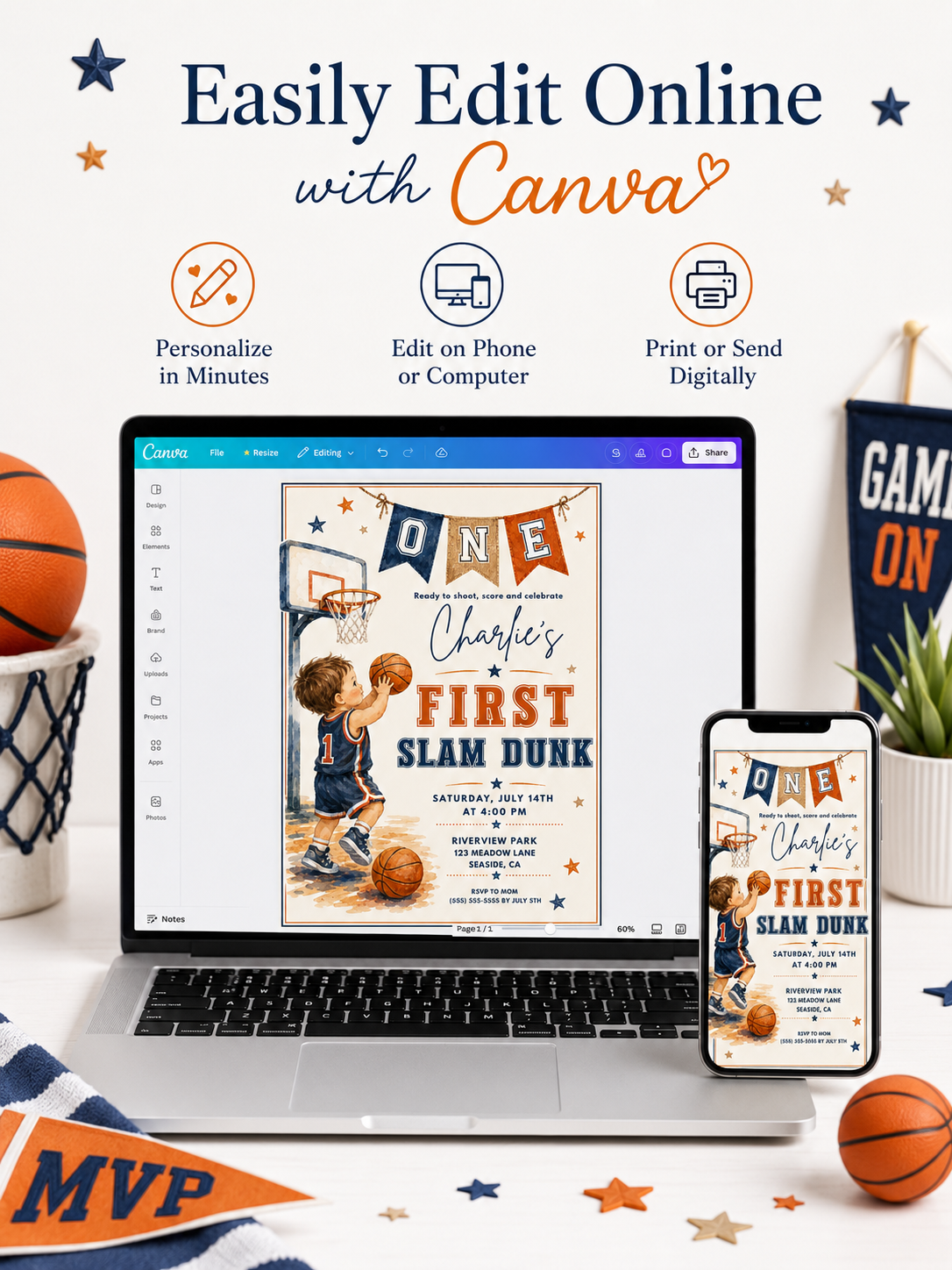 Basketball first birthday invitation featuring a little boy shooting a basketball, hoop, ONE banner, stars and navy and orange sports details.
