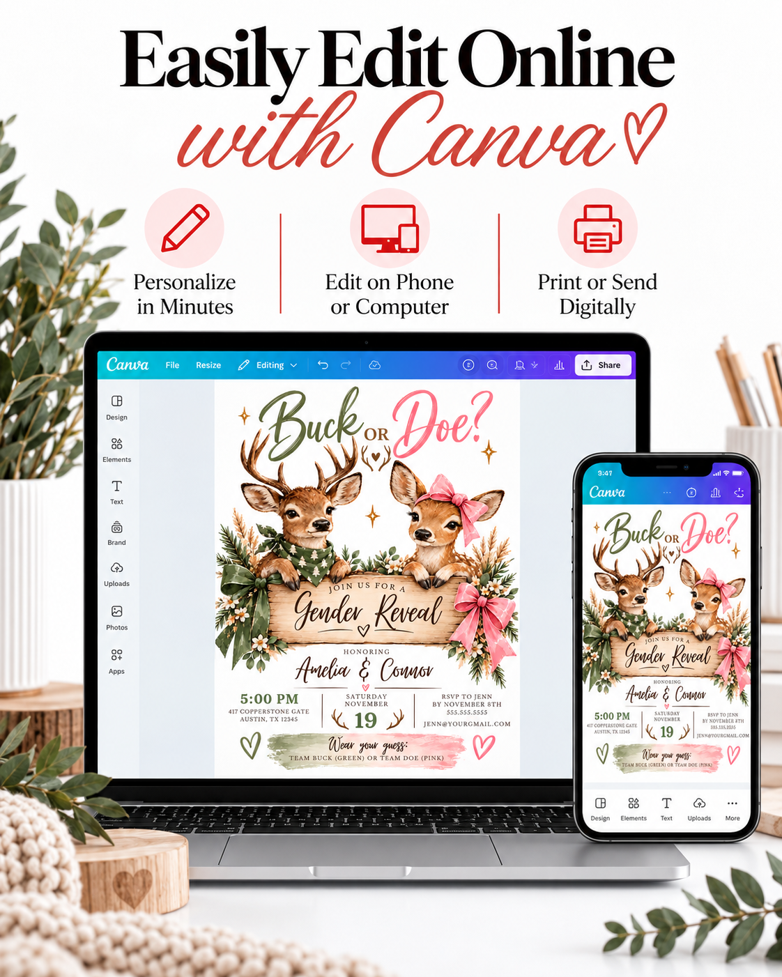 Buck or Doe gender reveal invitation with an antlered deer in a green bandana, a doe wearing a pink bow, rustic wooden sign, greenery, and pink and green ribbons